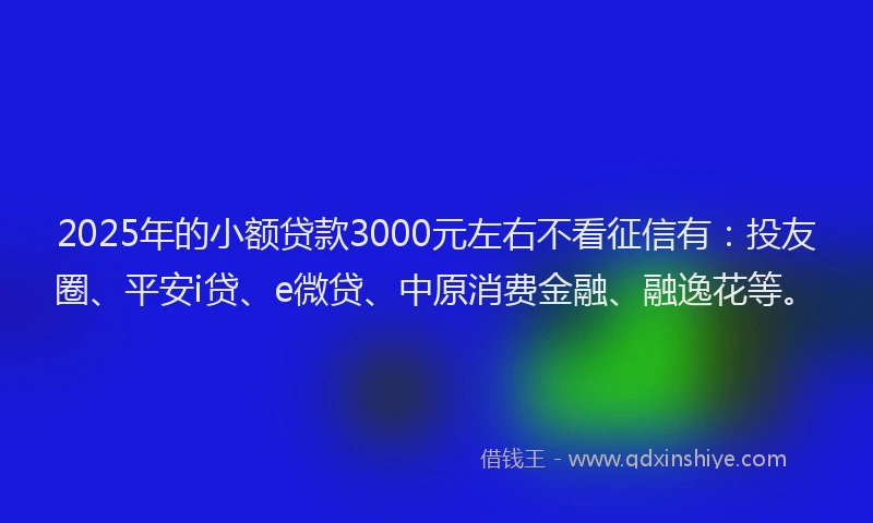 2025年的小额贷款3000元左右不看征信有：投友圈、平安i贷、e微贷、中原消费金融、融逸花等。
