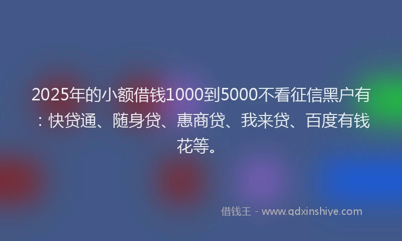 2025年的小额借钱1000到5000不看征信黑户有：快贷通、随身贷、惠商贷、我来贷、百度有钱花等。