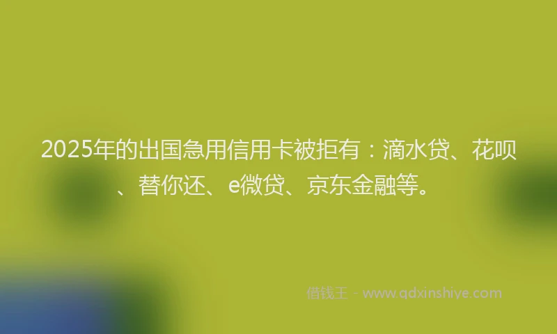 2025年的出国急用信用卡被拒有：滴水贷、花呗、替你还、e微贷、京东金融等。