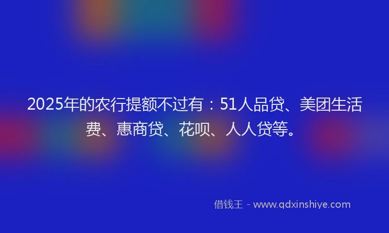 2025年的农行提额不过有：51人品贷、美团生活费、惠商贷、花呗、人人贷等。