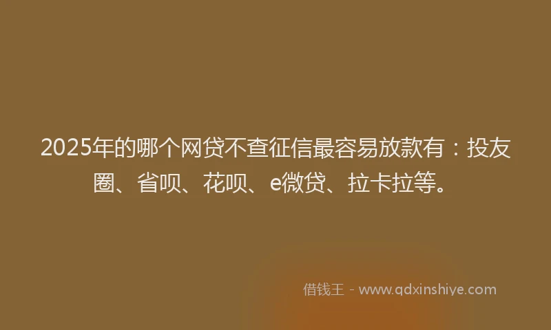 2025年的哪个网贷不查征信最容易放款有：投友圈、省呗、花呗、e微贷、拉卡拉等。