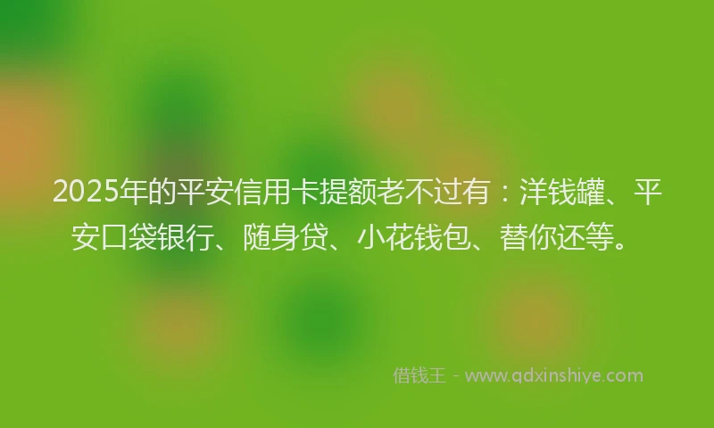 2025年的平安信用卡提额老不过有：洋钱罐、平安口袋银行、随身贷、小花钱包、替你还等。