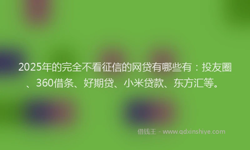 2025年的完全不看征信的网贷有哪些有：投友圈、360借条、好期贷、小米贷款、东方汇等。