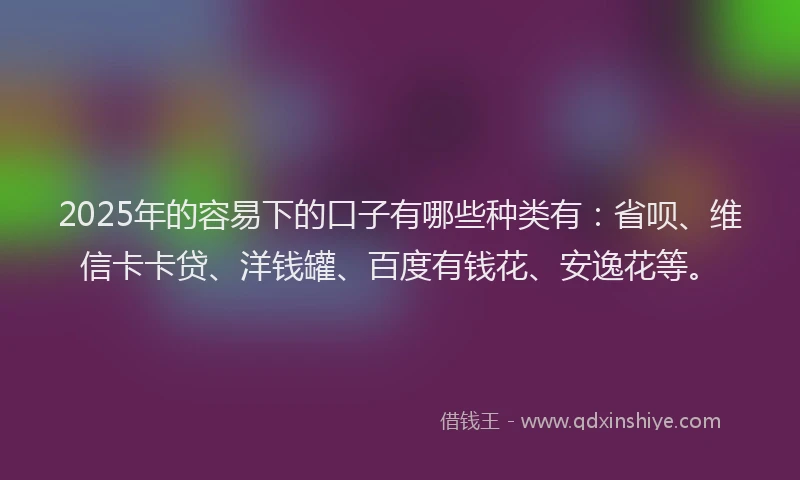 2025年的容易下的口子有哪些种类有：省呗、维信卡卡贷、洋钱罐、百度有钱花、安逸花等。