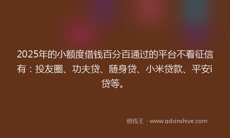 2025年的小额度借钱百分百通过的平台不看征信有：投友圈、功夫贷、随身贷、小米贷款、平安i贷等。