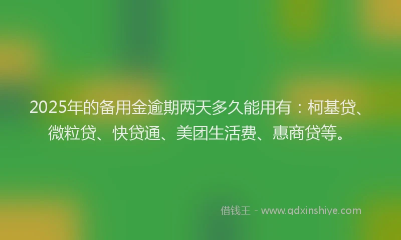 2025年的备用金逾期两天多久能用有：柯基贷、微粒贷、快贷通、美团生活费、惠商贷等。