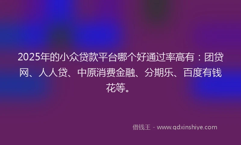2025年的小众贷款平台哪个好通过率高有：团贷网、人人贷、中原消费金融、分期乐、百度有钱花等。