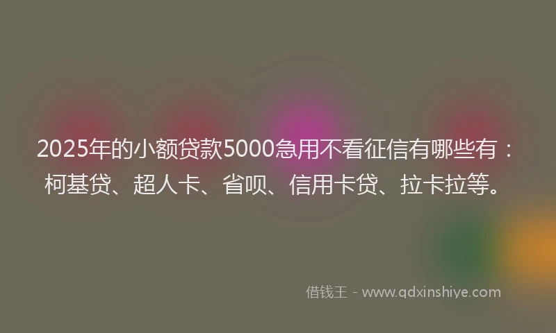 2025年的小额贷款5000急用不看征信有哪些有：柯基贷、超人卡、省呗、信用卡贷、拉卡拉等。