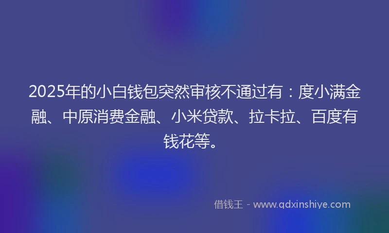 2025年的小白钱包突然审核不通过有：度小满金融、中原消费金融、小米贷款、拉卡拉、百度有钱花等。