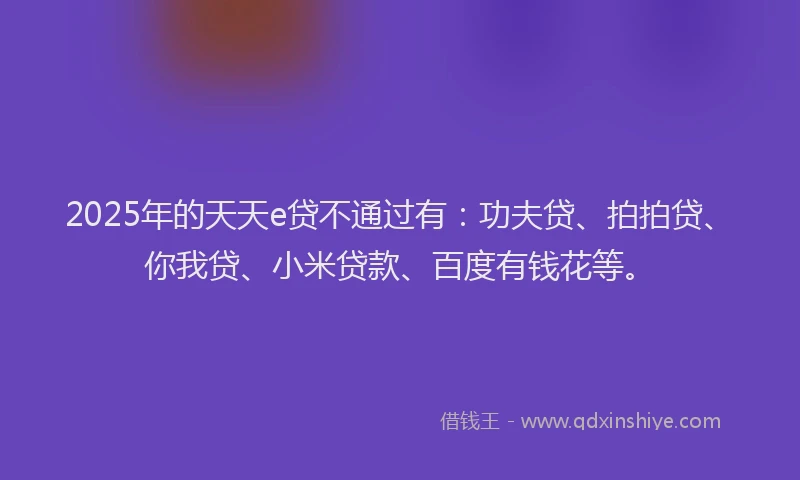 2025年的天天e贷不通过有：功夫贷、拍拍贷、你我贷、小米贷款、百度有钱花等。