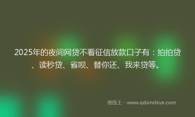 2025年的夜间网贷不看征信放款口子有：拍拍贷、读秒贷、省呗、替你还、我来贷等。