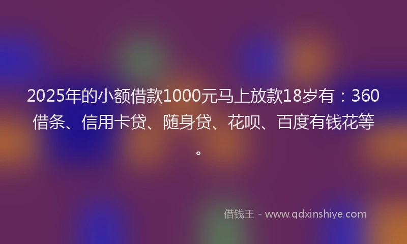 2025年的小额借款1000元马上放款18岁有：360借条、信用卡贷、随身贷、花呗、百度有钱花等。