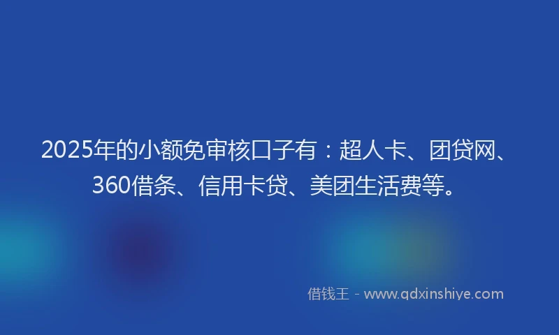 2025年的小额免审核口子有：超人卡、团贷网、360借条、信用卡贷、美团生活费等。