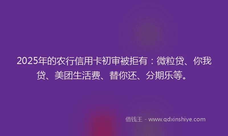 2025年的农行信用卡初审被拒有：微粒贷、你我贷、美团生活费、替你还、分期乐等。