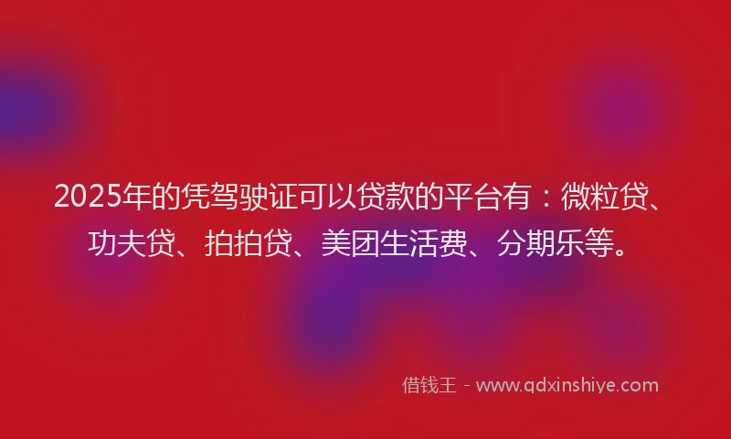 2025年的凭驾驶证可以贷款的平台有：微粒贷、功夫贷、拍拍贷、美团生活费、分期乐等。