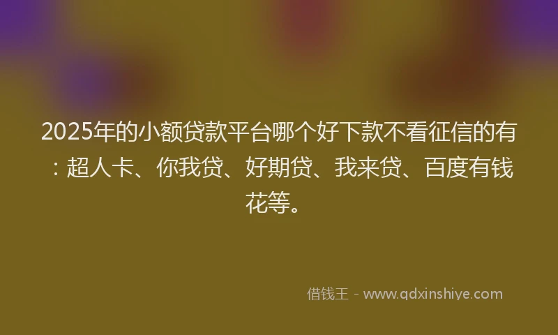 2025年的小额贷款平台哪个好下款不看征信的有：超人卡、你我贷、好期贷、我来贷、百度有钱花等。