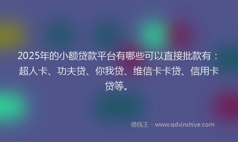 2025年的小额贷款平台有哪些可以直接批款有：超人卡、功夫贷、你我贷、维信卡卡贷、信用卡贷等。