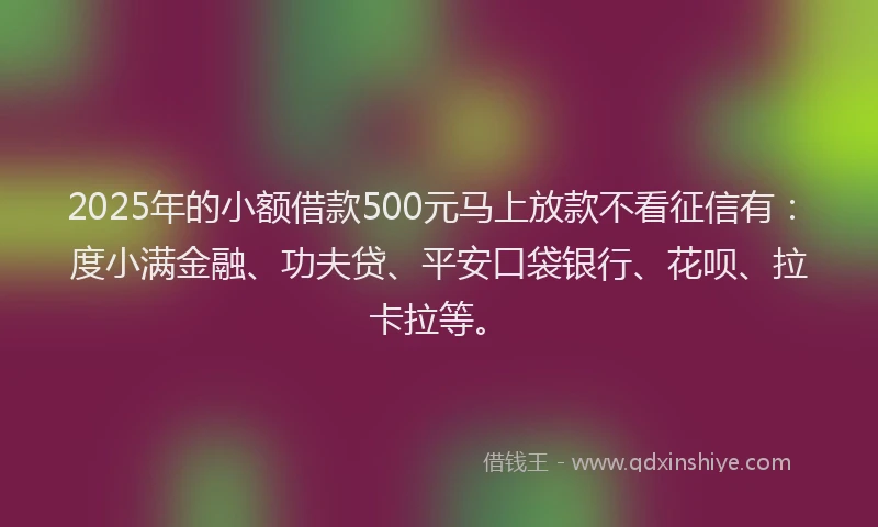 2025年的小额借款500元马上放款不看征信有：度小满金融、功夫贷、平安口袋银行、花呗、拉卡拉等。