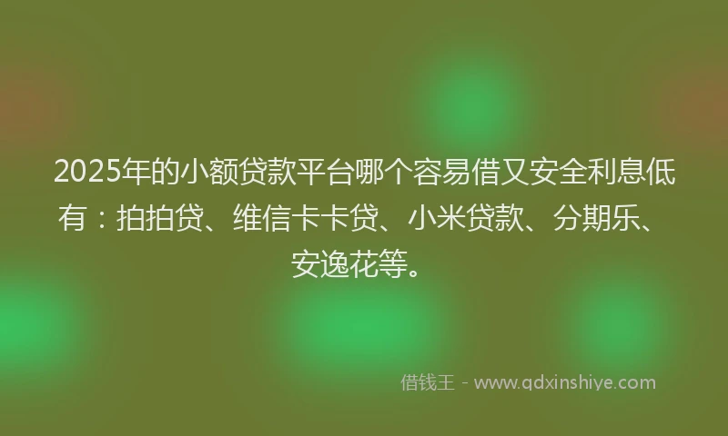 2025年的小额贷款平台哪个容易借又安全利息低有：拍拍贷、维信卡卡贷、小米贷款、分期乐、安逸花等。