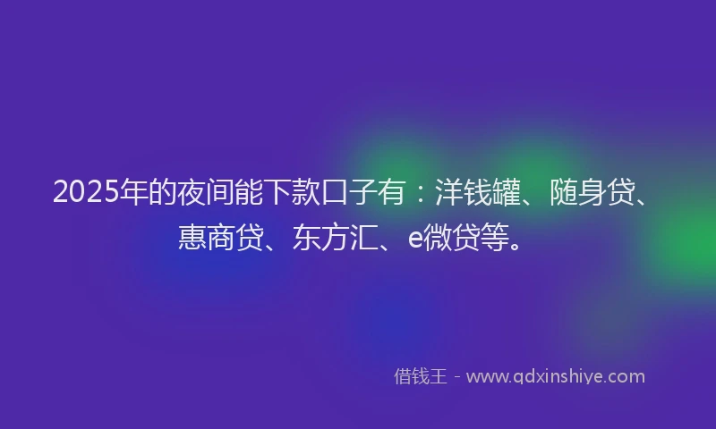 2025年的夜间能下款口子有：洋钱罐、随身贷、惠商贷、东方汇、e微贷等。
