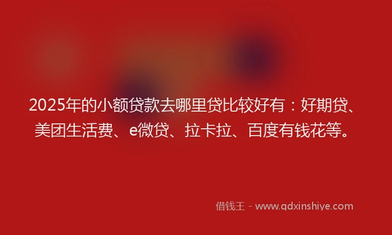 2025年的小额贷款去哪里贷比较好有：好期贷、美团生活费、e微贷、拉卡拉、百度有钱花等。