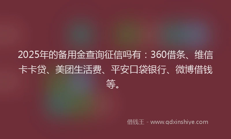 2025年的备用金查询征信吗有：360借条、维信卡卡贷、美团生活费、平安口袋银行、微博借钱等。