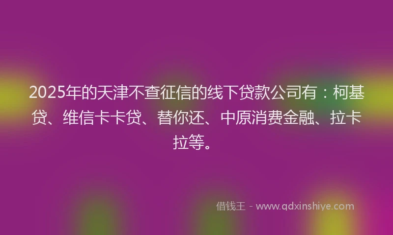 2025年的天津不查征信的线下贷款公司有：柯基贷、维信卡卡贷、替你还、中原消费金融、拉卡拉等。