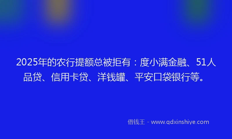2025年的农行提额总被拒有：度小满金融、51人品贷、信用卡贷、洋钱罐、平安口袋银行等。