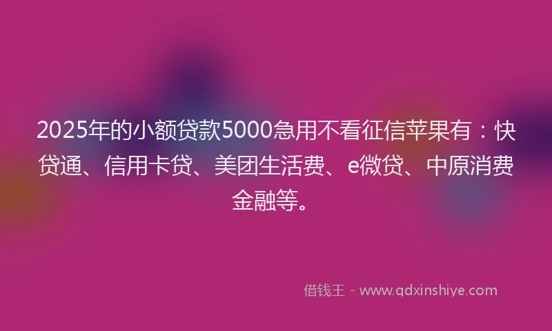 2025年的小额贷款5000急用不看征信苹果有：快贷通、信用卡贷、美团生活费、e微贷、中原消费金融等。