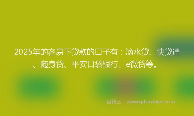 2025年的容易下贷款的口子有：滴水贷、快贷通、随身贷、平安口袋银行、e微贷等。