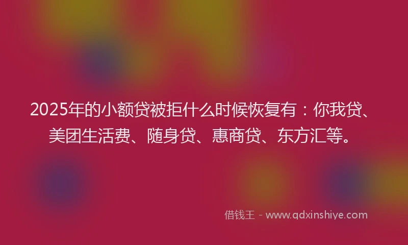 2025年的小额贷被拒什么时候恢复有：你我贷、美团生活费、随身贷、惠商贷、东方汇等。