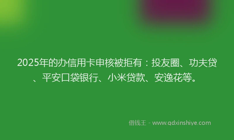 2025年的办信用卡申核被拒有：投友圈、功夫贷、平安口袋银行、小米贷款、安逸花等。