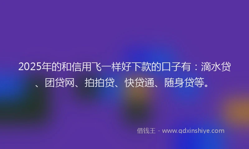 2025年的和信用飞一样好下款的口子有：滴水贷、团贷网、拍拍贷、快贷通、随身贷等。