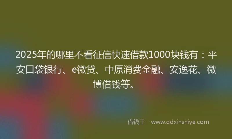 2025年的哪里不看征信快速借款1000块钱有：平安口袋银行、e微贷、中原消费金融、安逸花、微博借钱等。