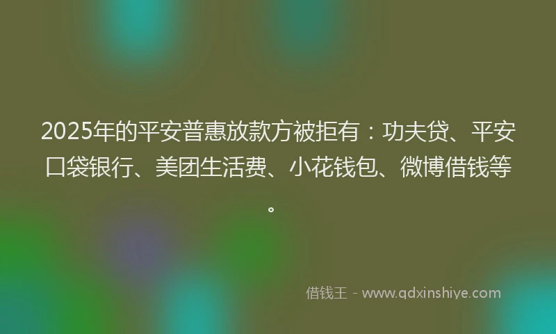 2025年的平安普惠放款方被拒有：功夫贷、平安口袋银行、美团生活费、小花钱包、微博借钱等。