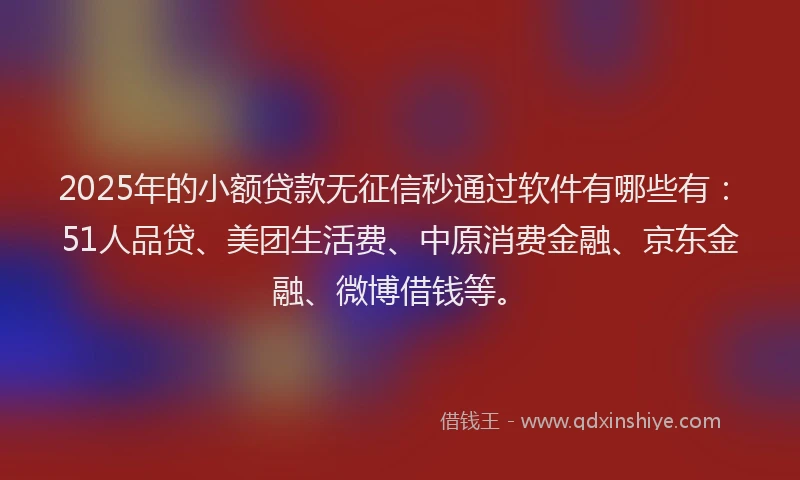 2025年的小额贷款无征信秒通过软件有哪些有：51人品贷、美团生活费、中原消费金融、京东金融、微博借钱等。