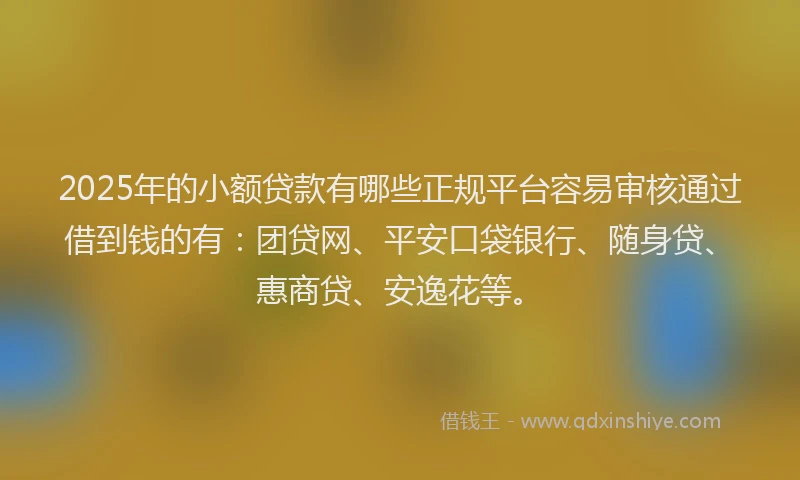 2025年的小额贷款有哪些正规平台容易审核通过借到钱的有：团贷网、平安口袋银行、随身贷、惠商贷、安逸花等。