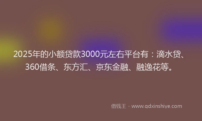 2025年的小额贷款3000元左右平台有：滴水贷、360借条、东方汇、京东金融、融逸花等。