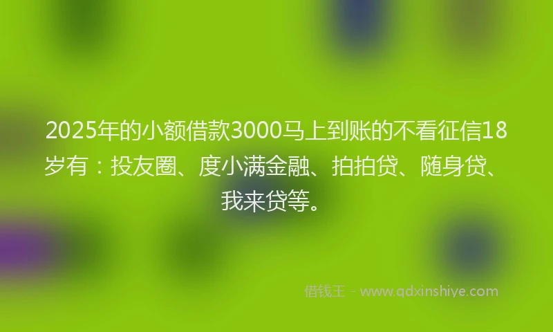 2025年的小额借款3000马上到账的不看征信18岁有：投友圈、度小满金融、拍拍贷、随身贷、我来贷等。