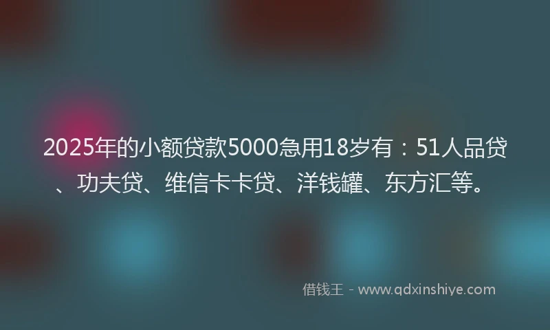 2025年的小额贷款5000急用18岁有：51人品贷、功夫贷、维信卡卡贷、洋钱罐、东方汇等。