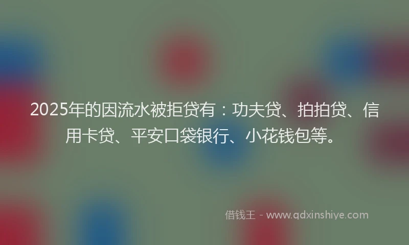 2025年的因流水被拒贷有：功夫贷、拍拍贷、信用卡贷、平安口袋银行、小花钱包等。