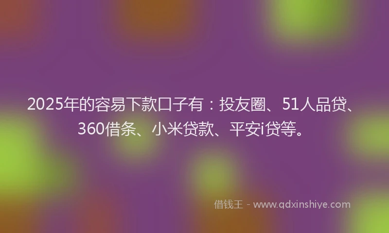 2025年的容易下款口子有：投友圈、51人品贷、360借条、小米贷款、平安i贷等。