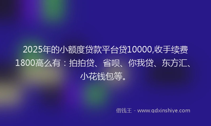 2025年的小额度贷款平台贷10000,收手续费1800高么有：拍拍贷、省呗、你我贷、东方汇、小花钱包等。
