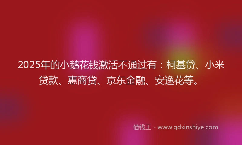 2025年的小鹅花钱激活不通过有：柯基贷、小米贷款、惠商贷、京东金融、安逸花等。