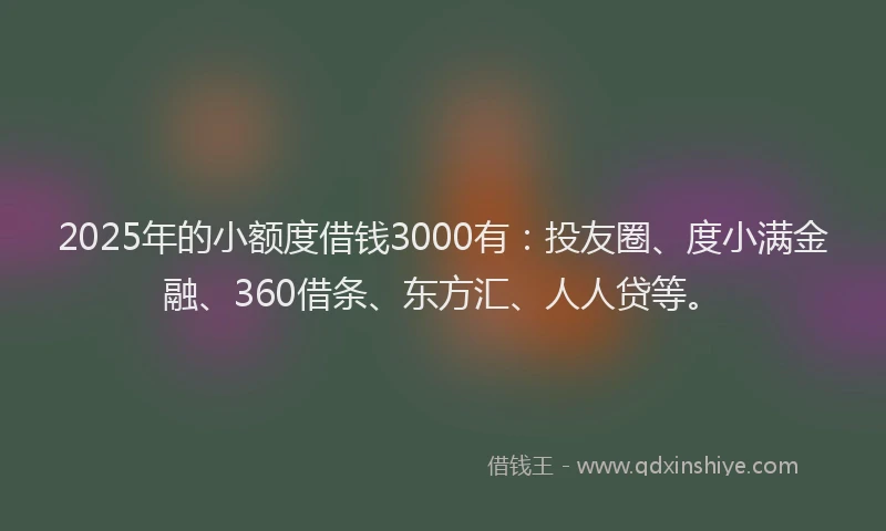 2025年的小额度借钱3000有：投友圈、度小满金融、360借条、东方汇、人人贷等。