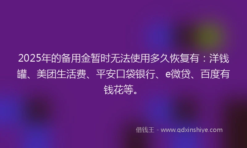 2025年的备用金暂时无法使用多久恢复有：洋钱罐、美团生活费、平安口袋银行、e微贷、百度有钱花等。