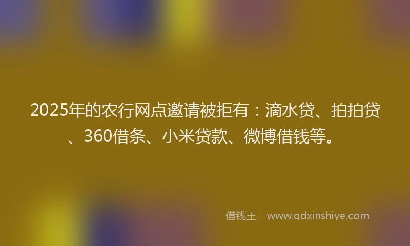 2025年的农行网点邀请被拒有：滴水贷、拍拍贷、360借条、小米贷款、微博借钱等。