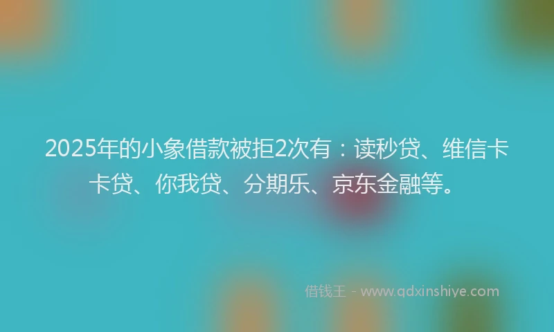 2025年的小象借款被拒2次有：读秒贷、维信卡卡贷、你我贷、分期乐、京东金融等。