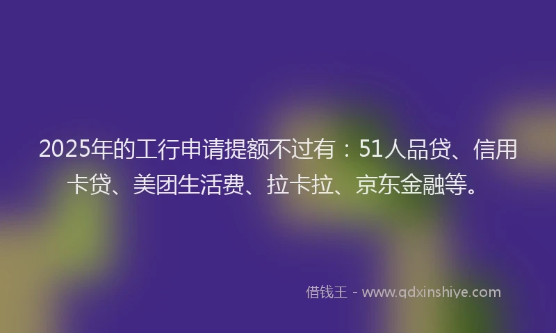 2025年的工行申请提额不过有：51人品贷、信用卡贷、美团生活费、拉卡拉、京东金融等。