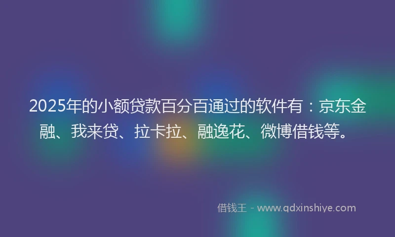 2025年的小额贷款百分百通过的软件有：京东金融、我来贷、拉卡拉、融逸花、微博借钱等。